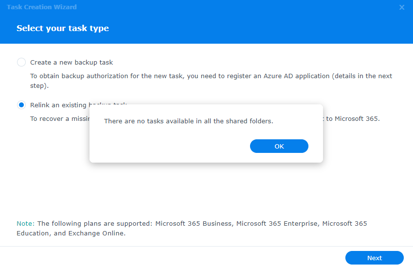 I cannot relink a previous task in Active Backup for Microsoft 365