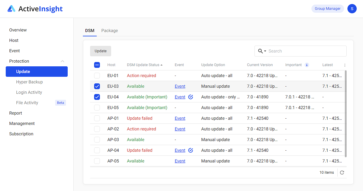 Active Insight web portal - Protection - Update - Synology Knowledge Center